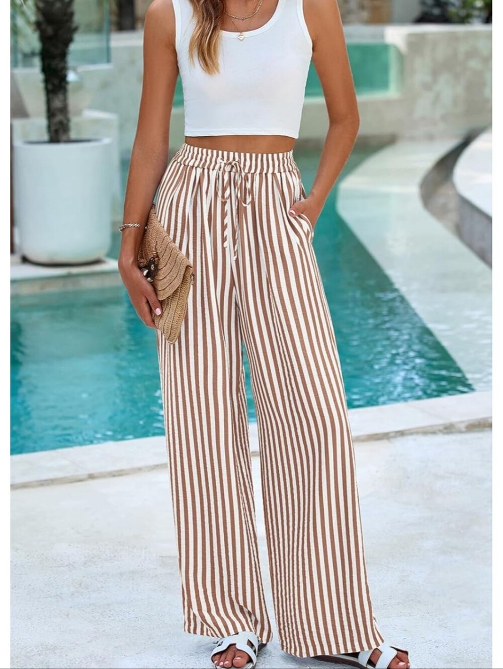 Striped Wide-Leg Drawstring Pants - Brown/White